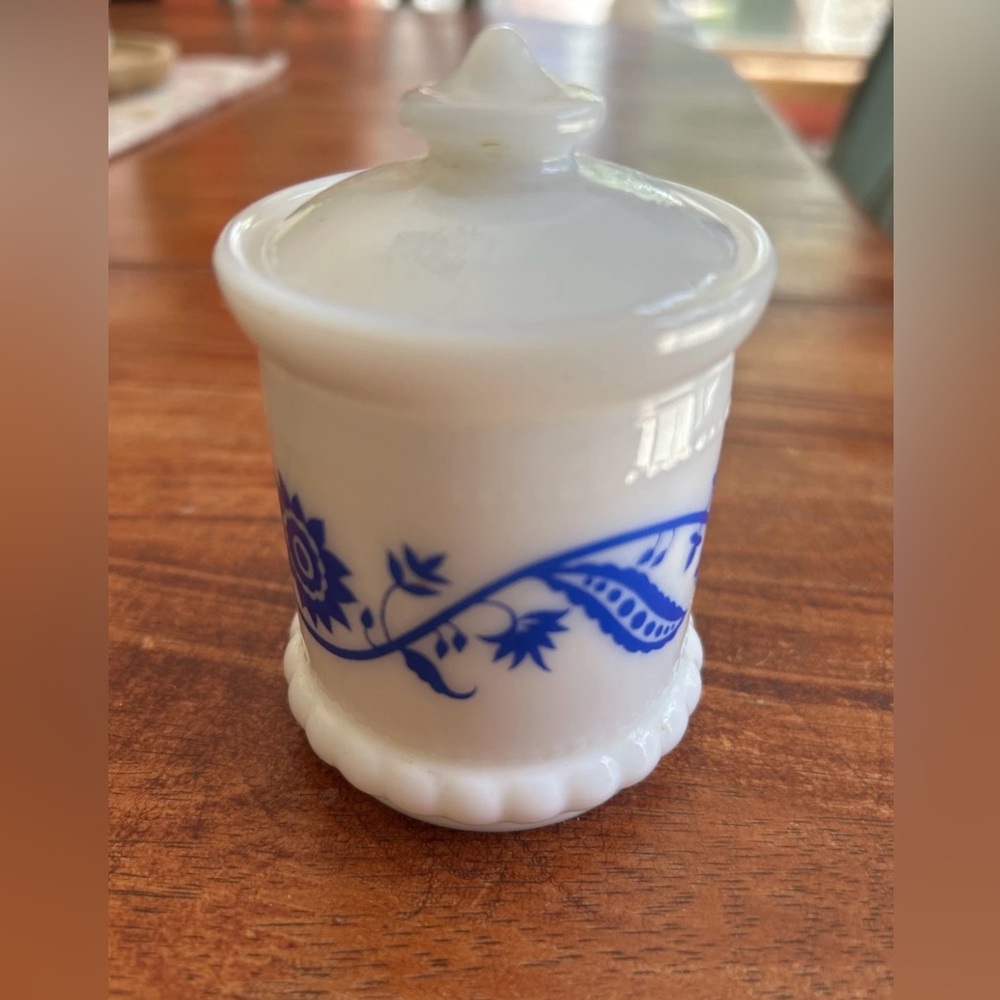 Vintage Hazel Atlas Milk Glass Jar Container with Lid Blue Floral Design